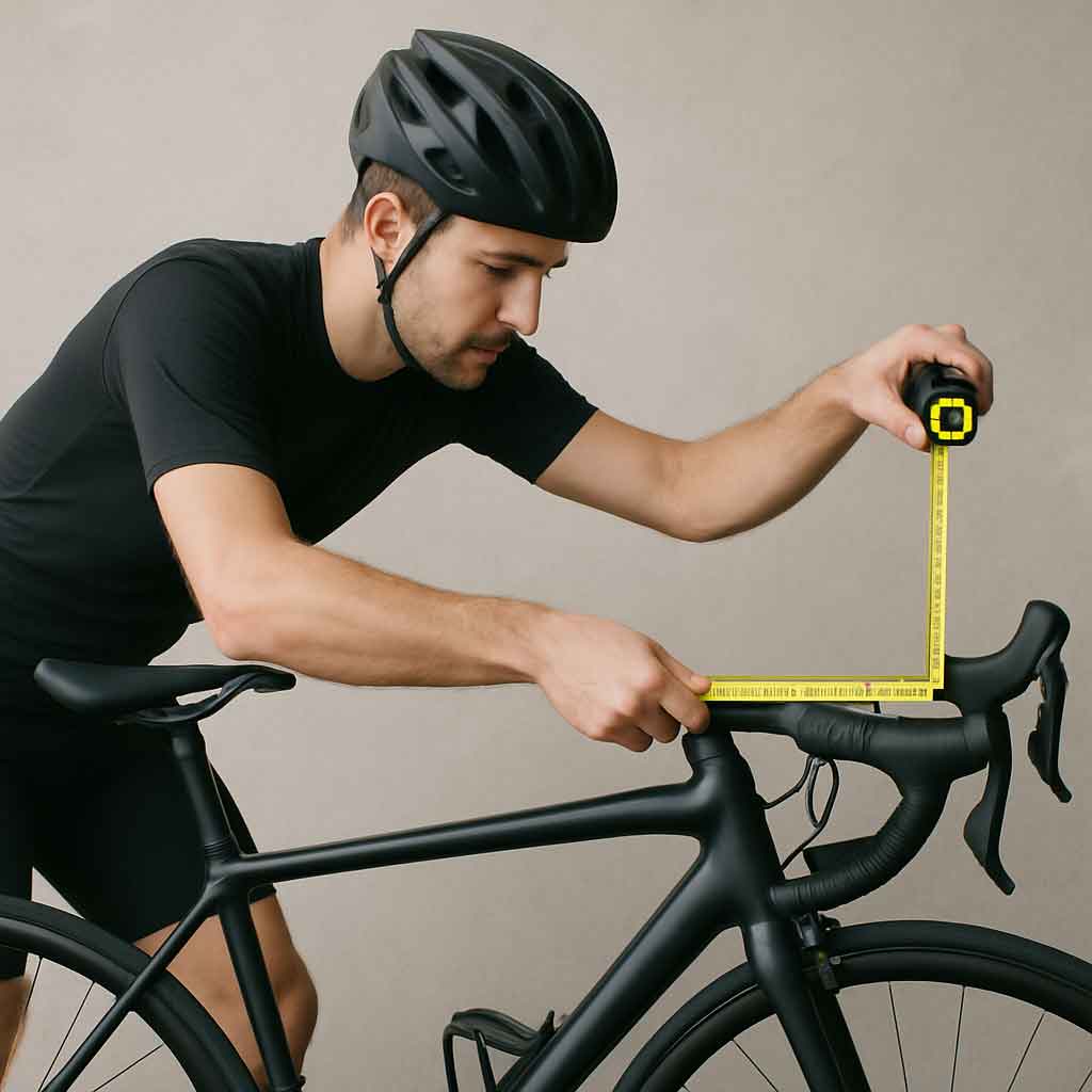 Cyclist measuring reach on bike