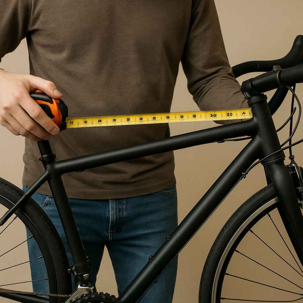 A person measuring a bike frame with a tape measure