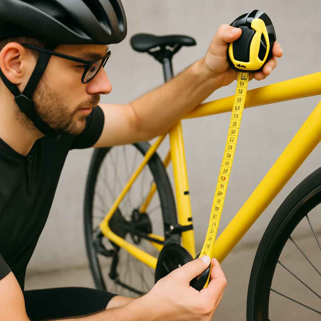 A cyclist measuring a bike frame with a tape measure