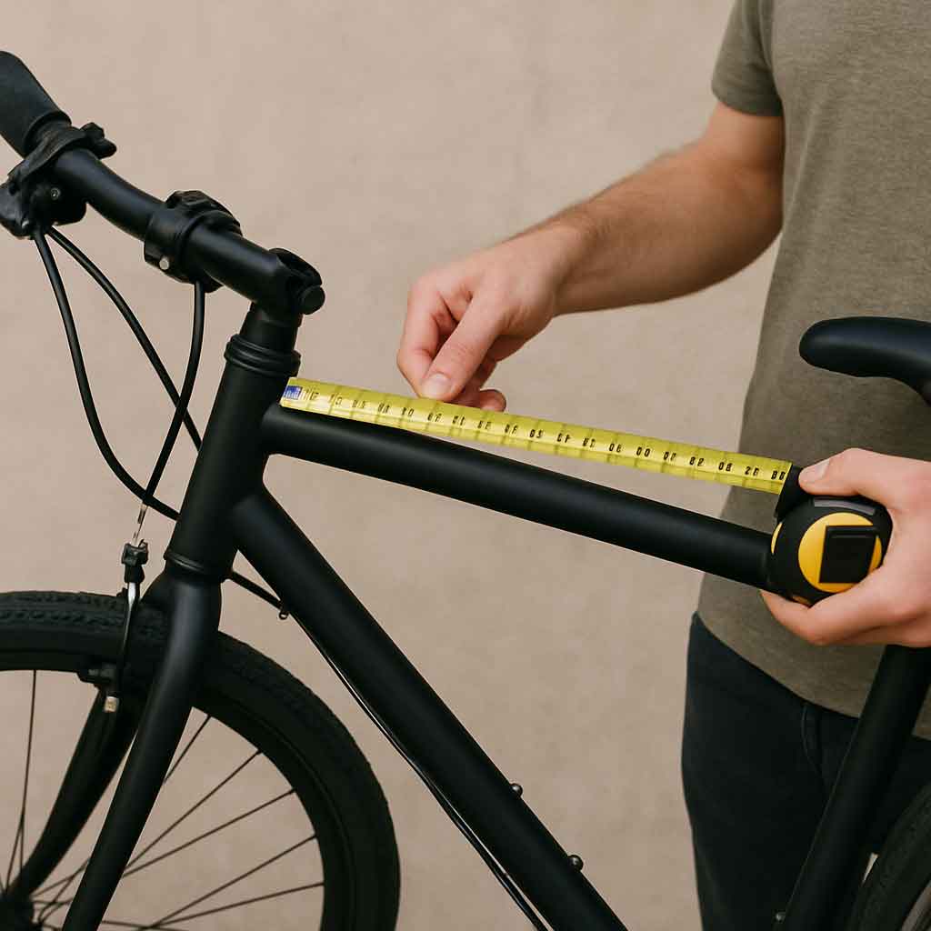 Person using a tape measure to check bike dimensions