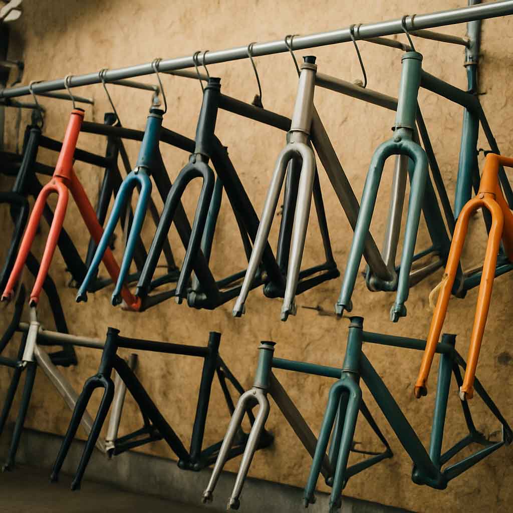 Different types of bicycle frames hanging in a shop