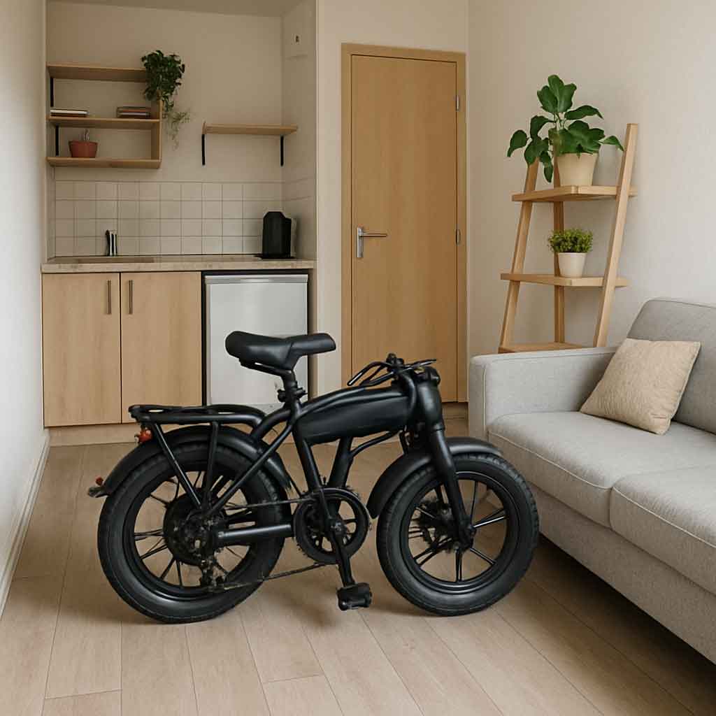 Folded Electric Bike in Small Apartment