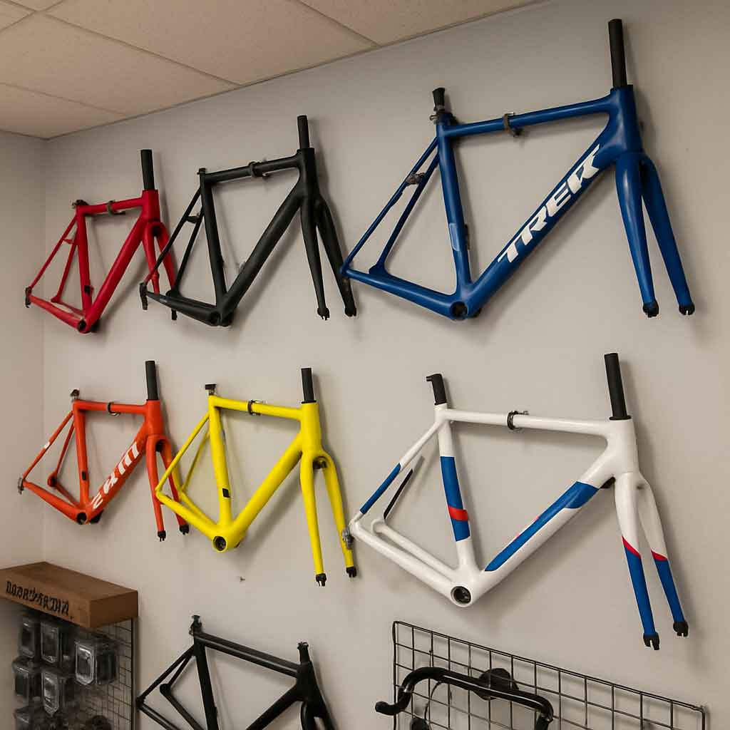 Various cycling framesets hanging in a shop