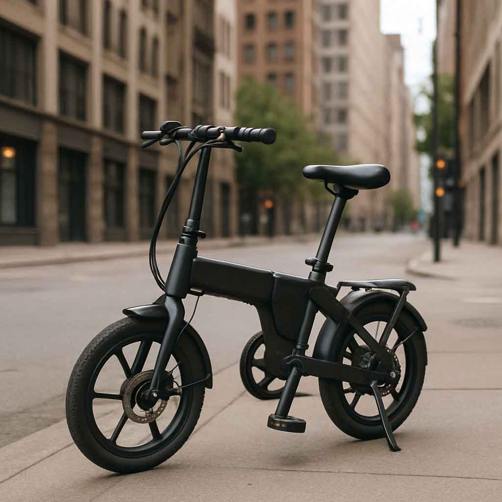 A compact foldable electric bike in an urban setting