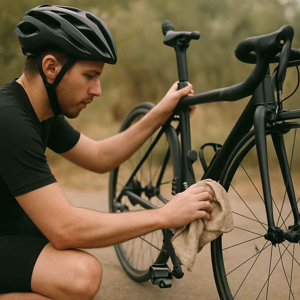 Cyclist cleaning bike
