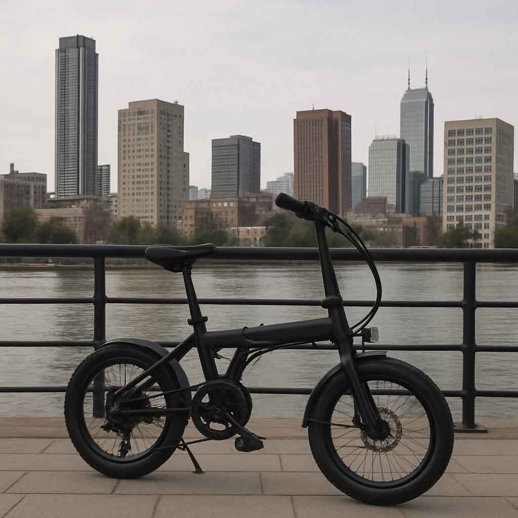 City landscape with foldable electric bike