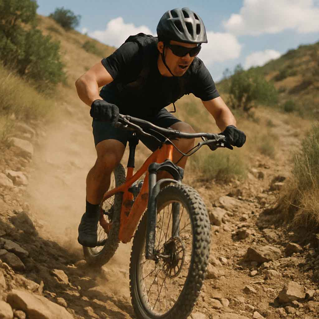 Mountain biking on rough terrain