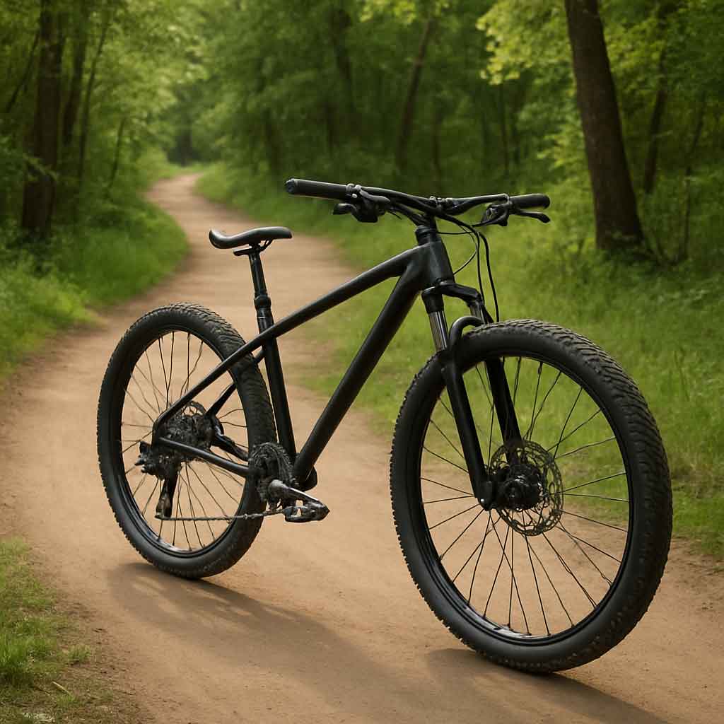 A hardtail mountain bike on a smooth trail