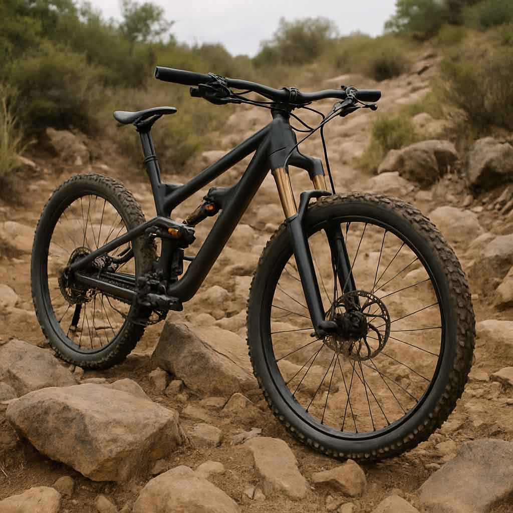 A full suspension mountain bike navigating rocky terrain