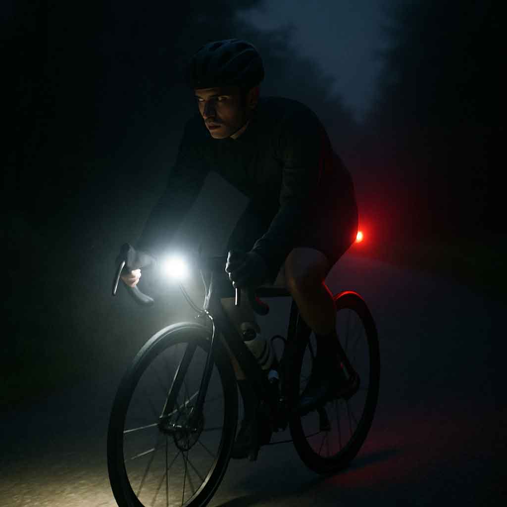 A cyclist riding at night with bright LED bike lights