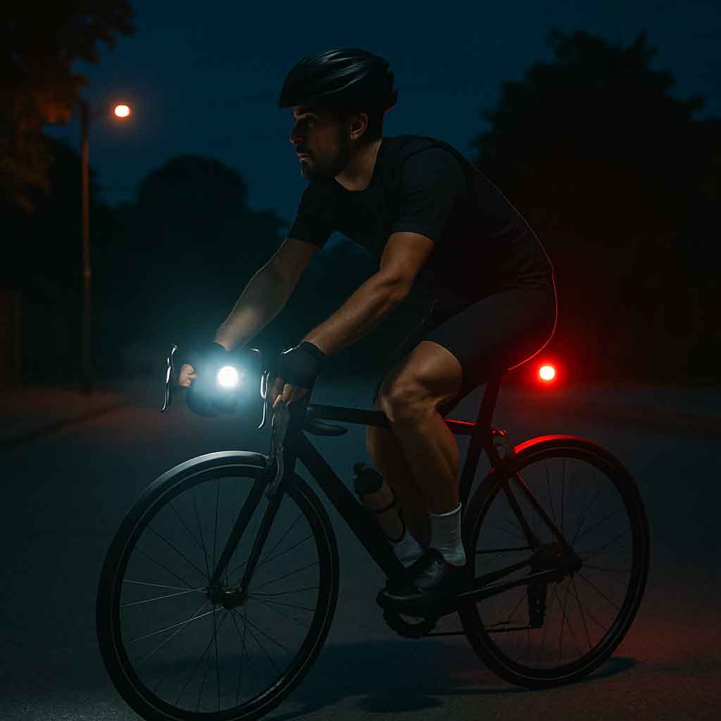 Cyclist with bike lights at night