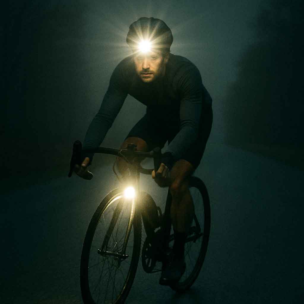 Cyclist with bright headlight