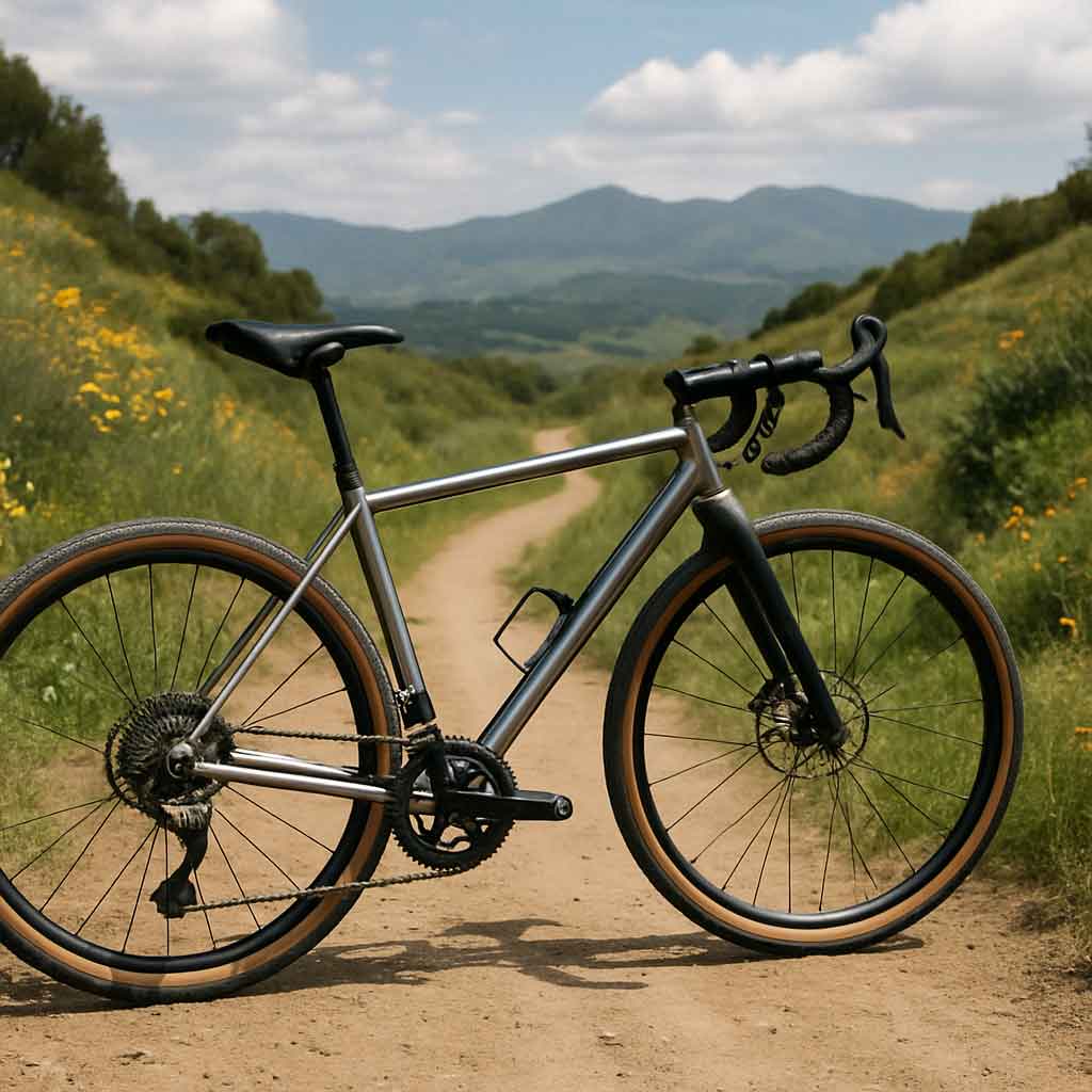 Titanium gravel bike on a scenic trail