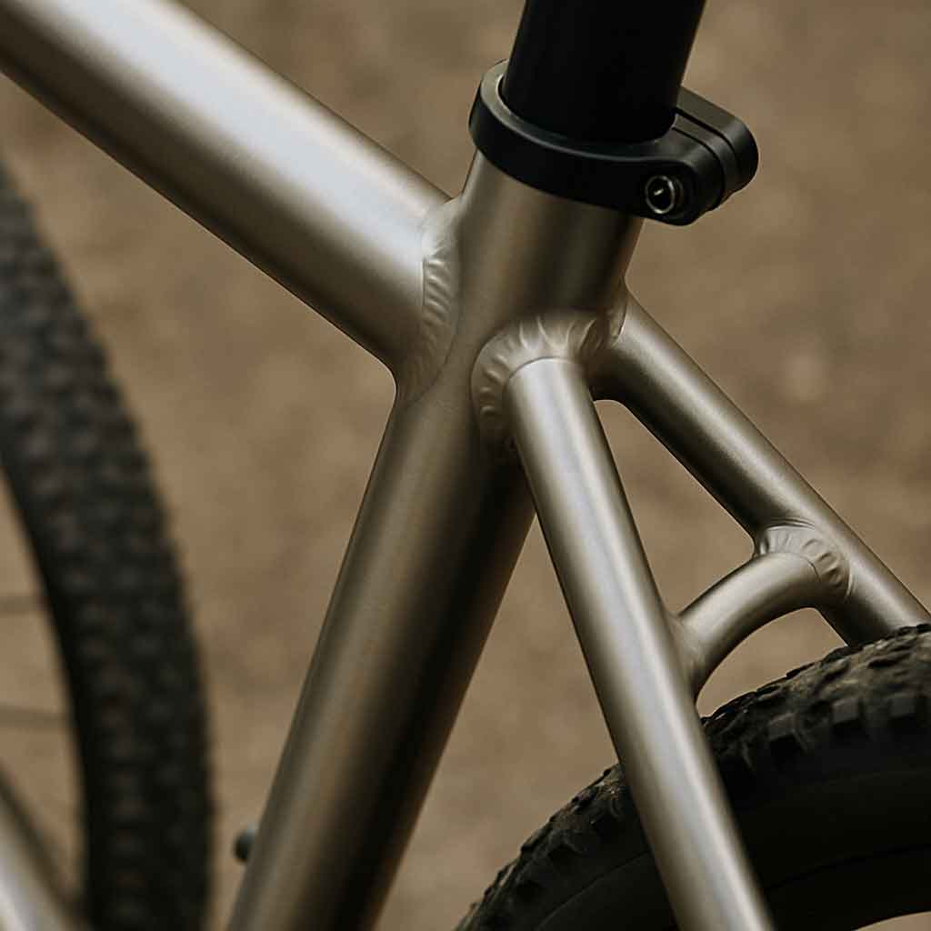 Close-up of titanium bike frame