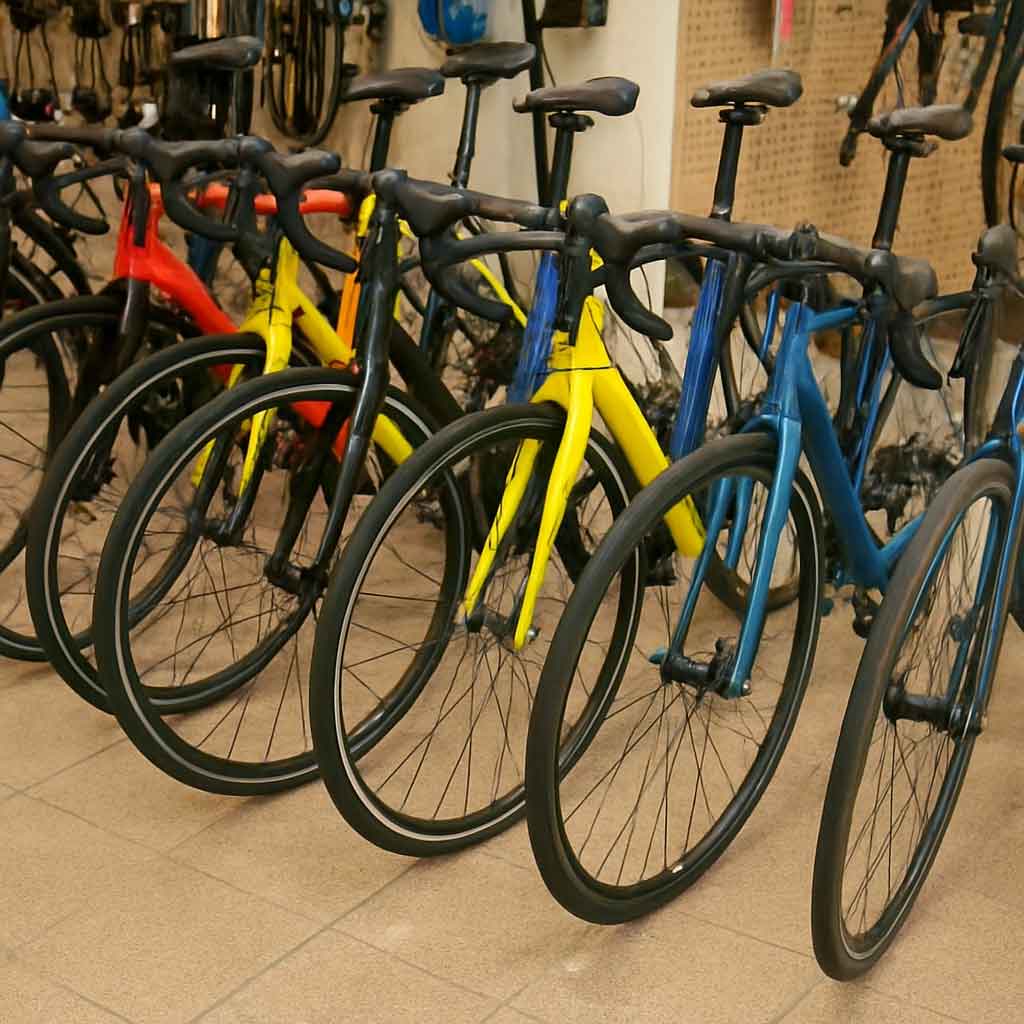 A variety of road bikes on display in a store