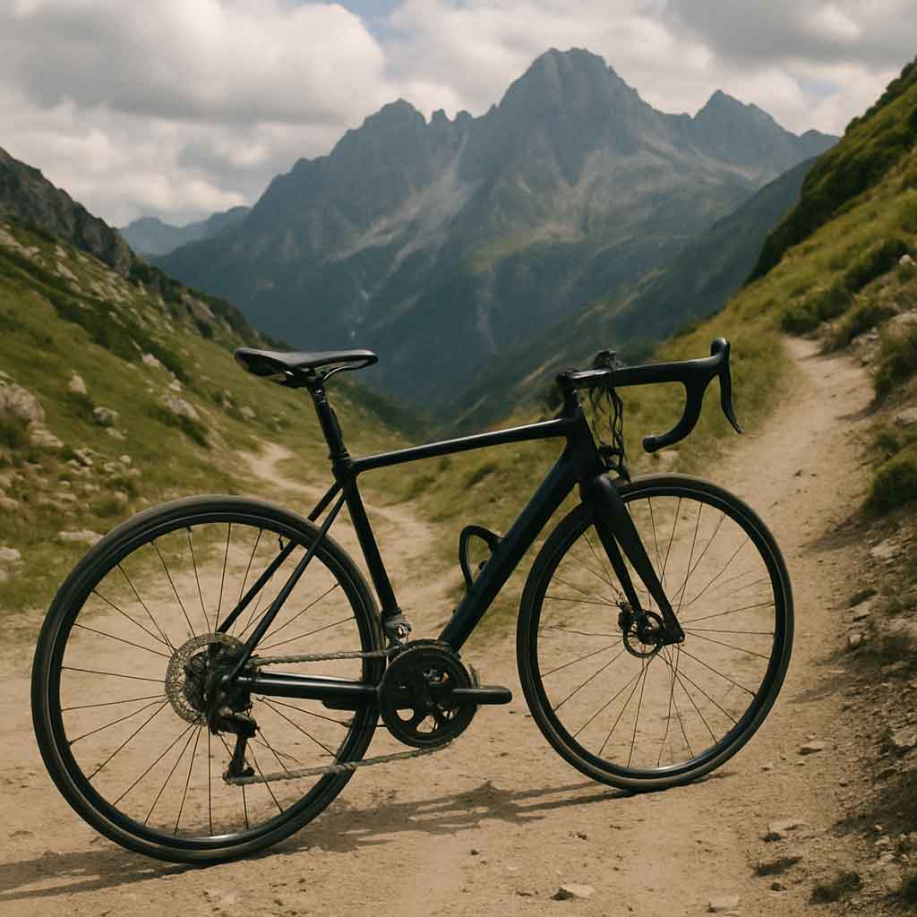 A black road bike on a mountain trail