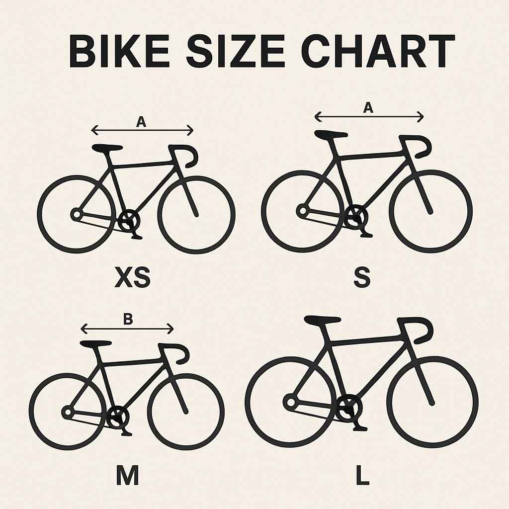 Bike size chart showing measurements for different bike sizes