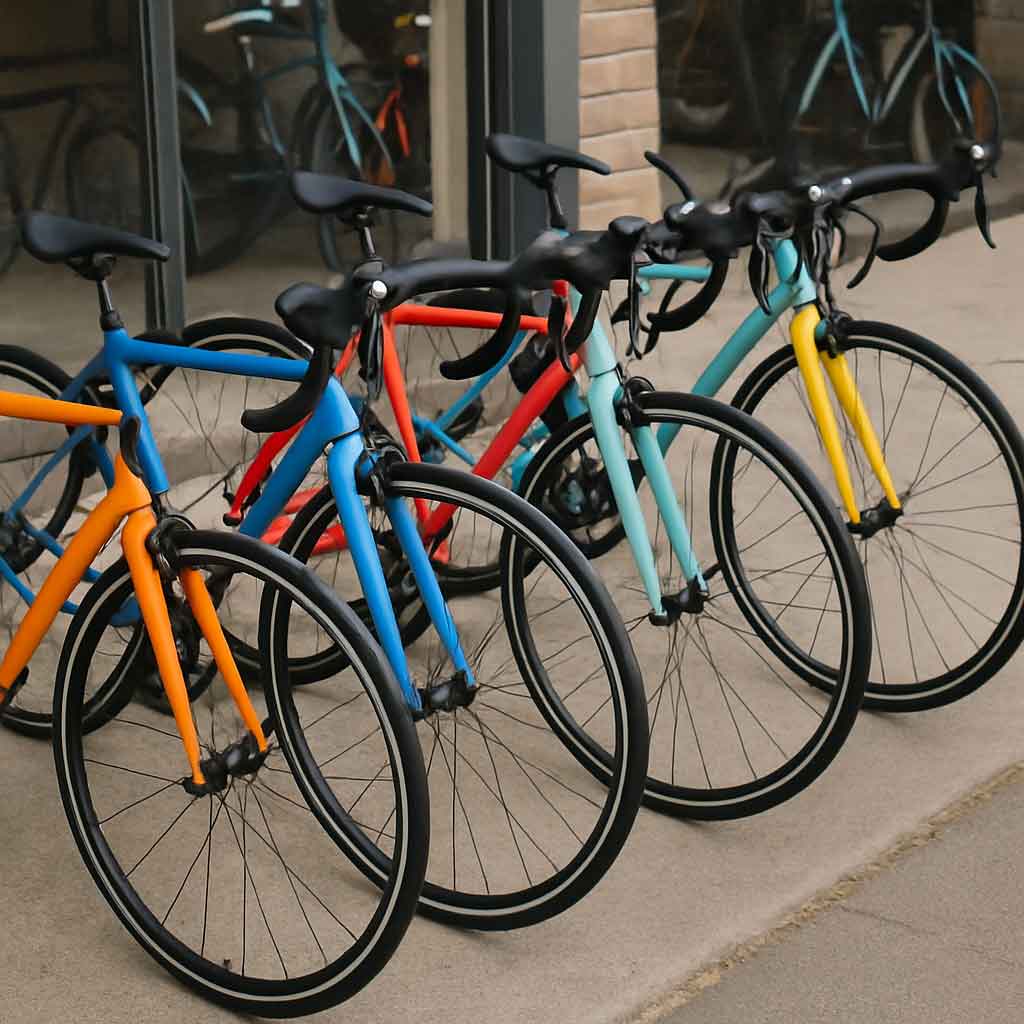 Colorful road bikes lined up for sale