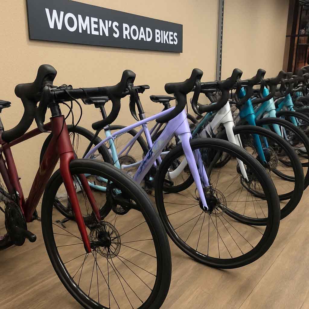 variety of women's road bikes in a store