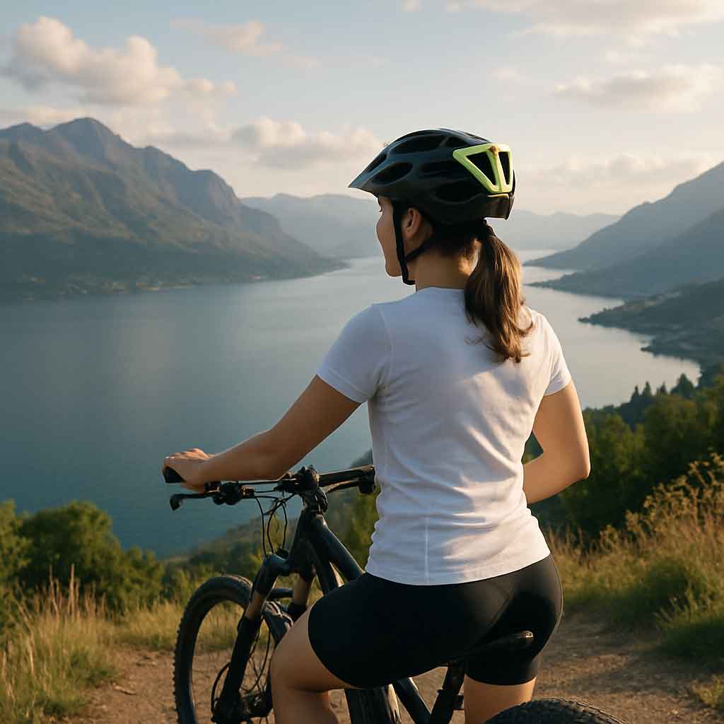 female cyclist enjoying a scenic view