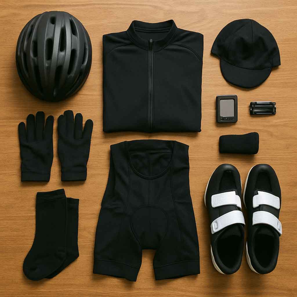 cycling gear laid out on a table