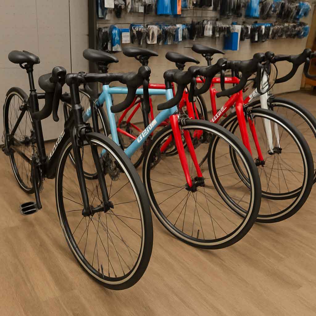 Beginner road bikes lined up in a store
