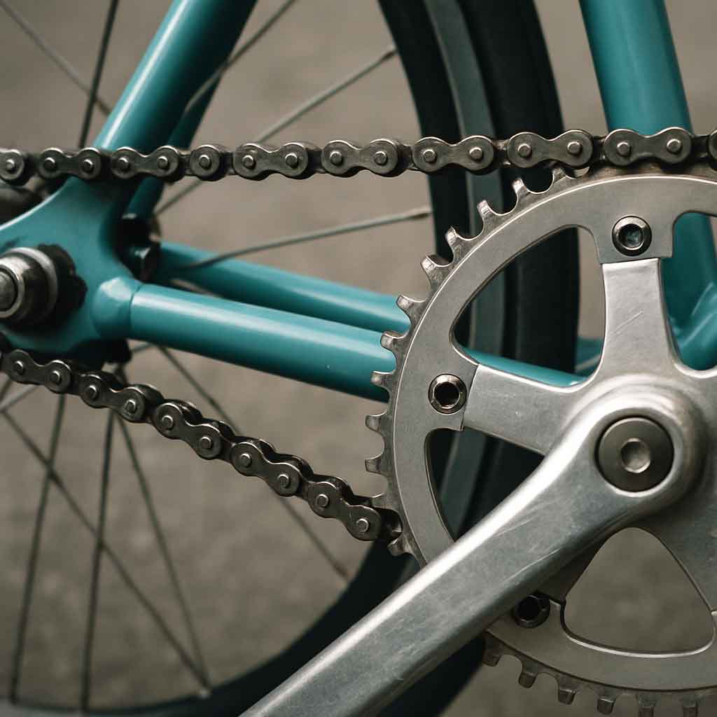 Close-up of a fixie bike chain and gear