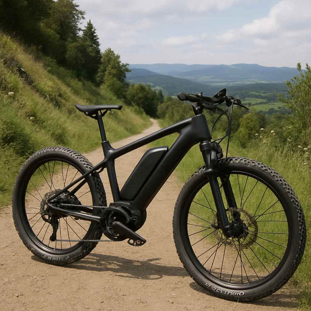 Carbon fiber electric bike on a scenic trail