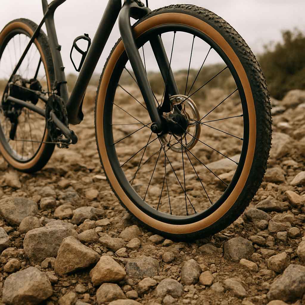 Gravel bike wheels on rocky terrain