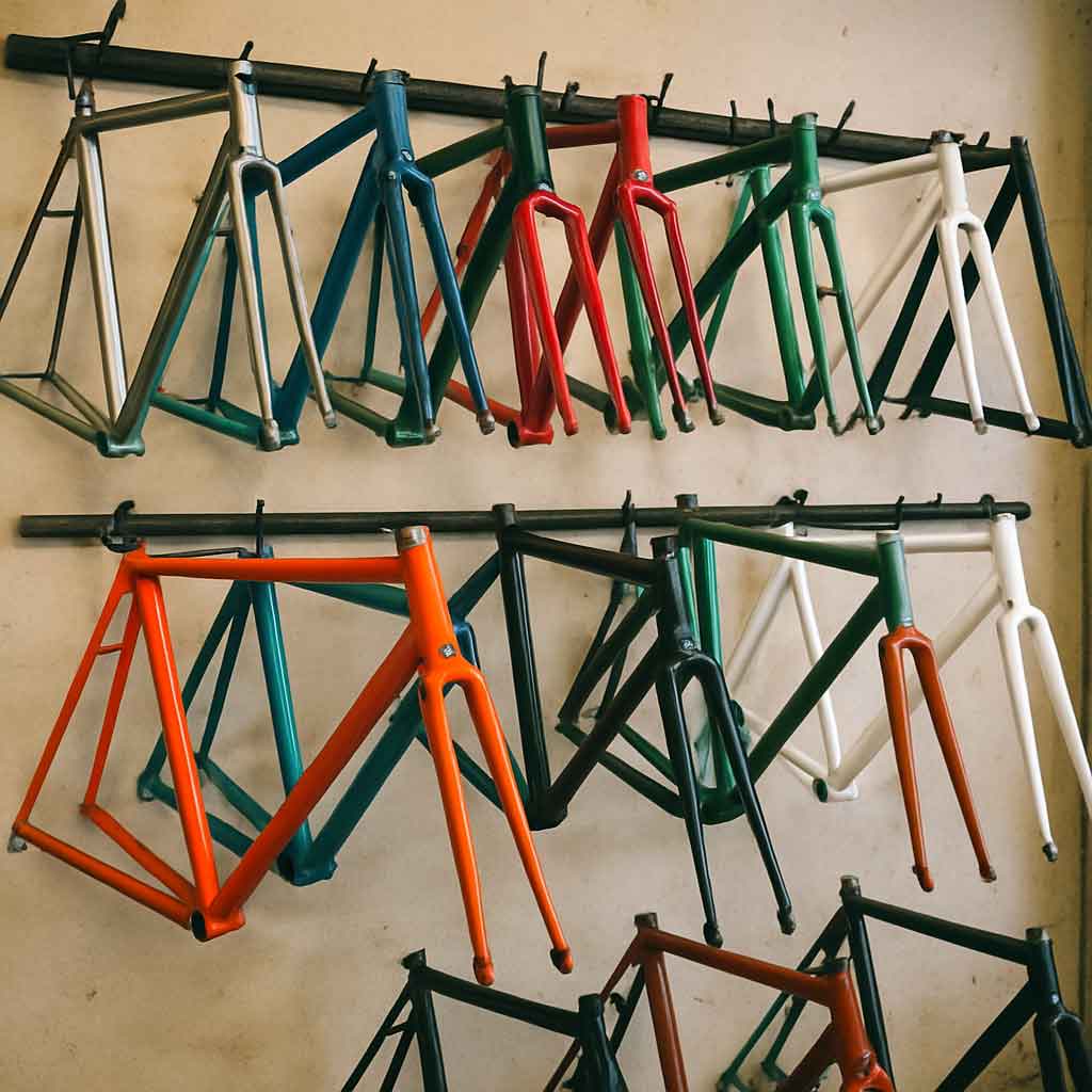 A collection of various bike frames hanging in a shop display