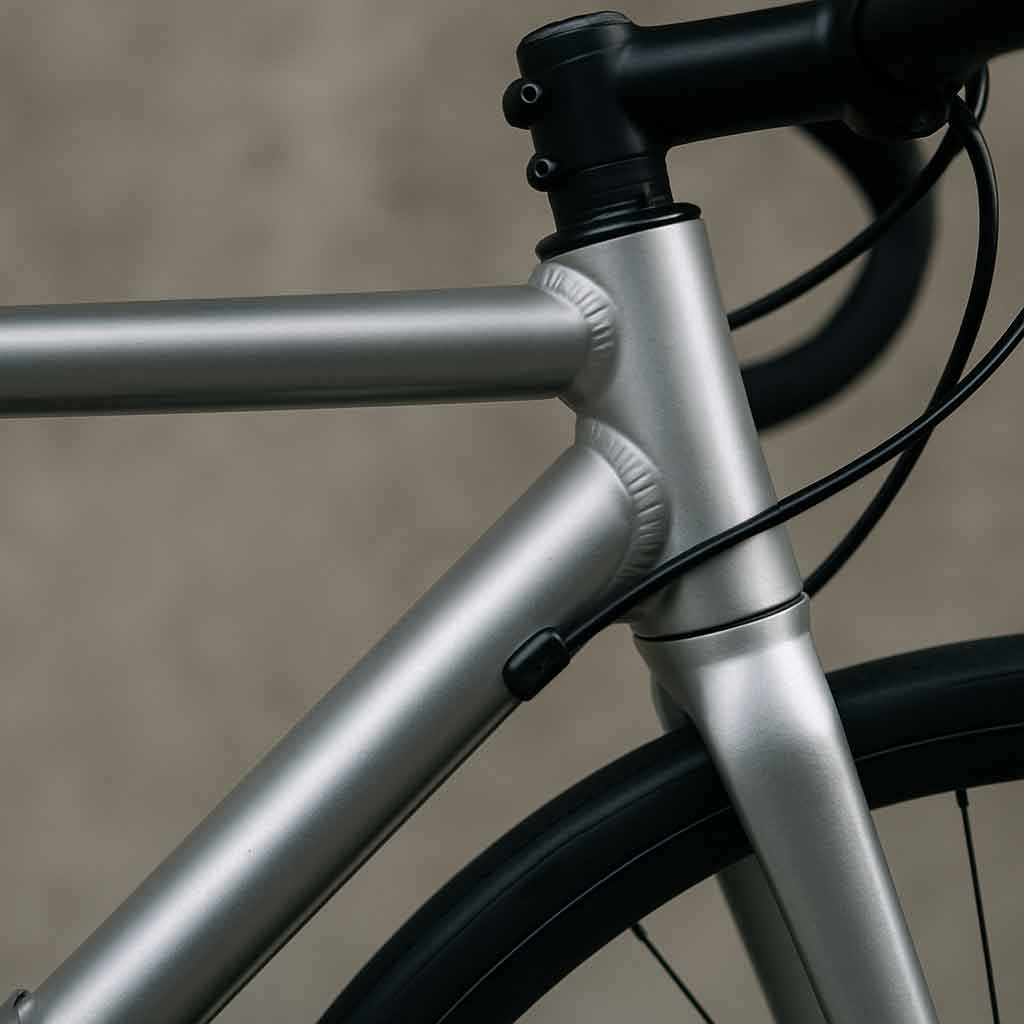 A close-up of an aluminum road bike frame