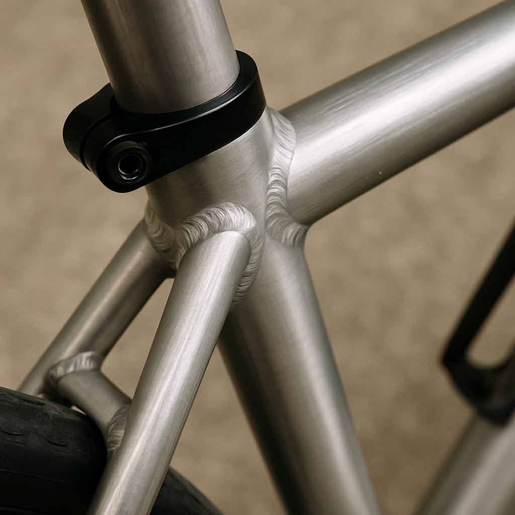 Close-up of aluminum bike frame