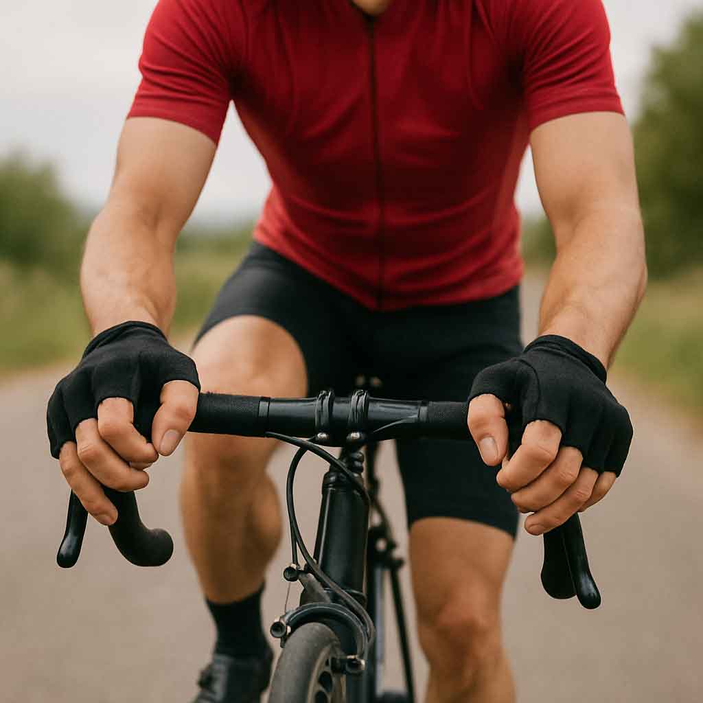 Cyclist with gloves gripping handlebars