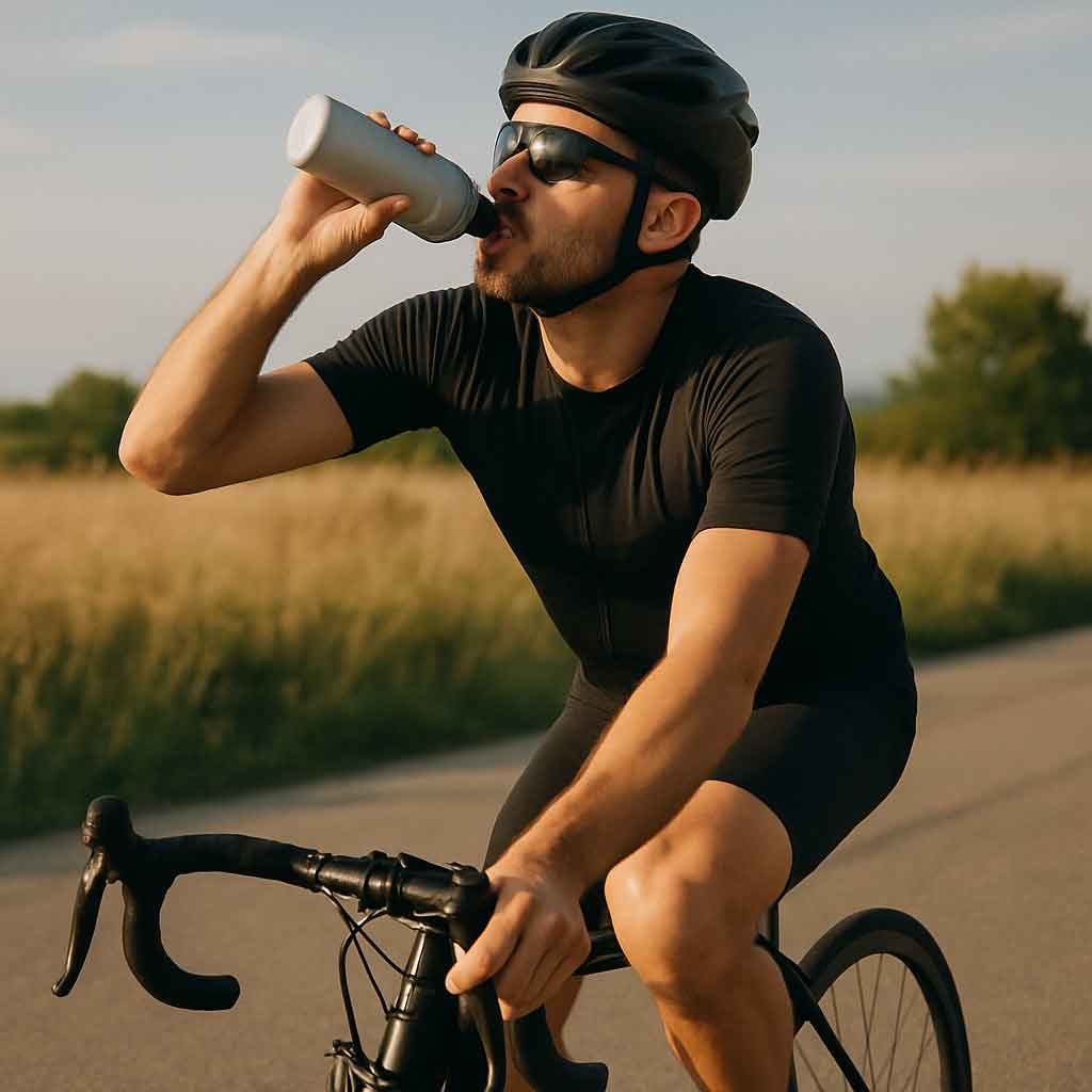 Cyclist drinking water from a bottle while riding