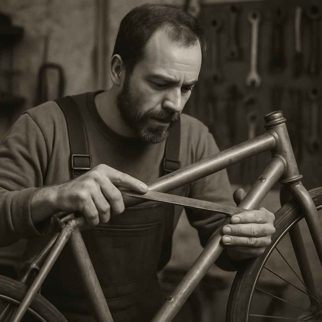 Craftsman working on a bicycle frame