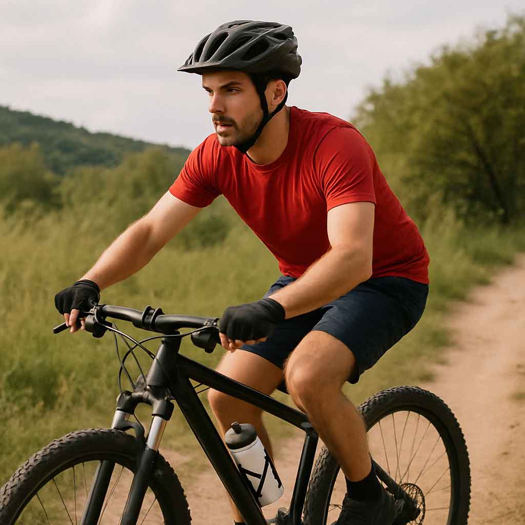 A cyclist riding a mountain bike with a water bottle holder