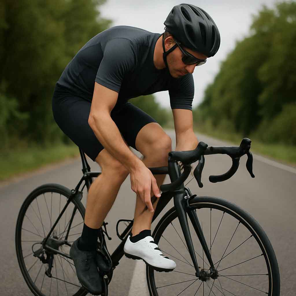Cyclist adjusting shoes on road bike
