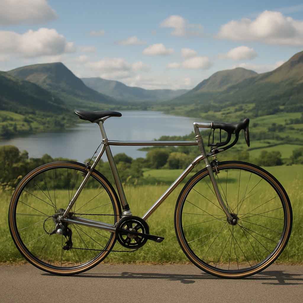 Steel road bicycle with scenic background