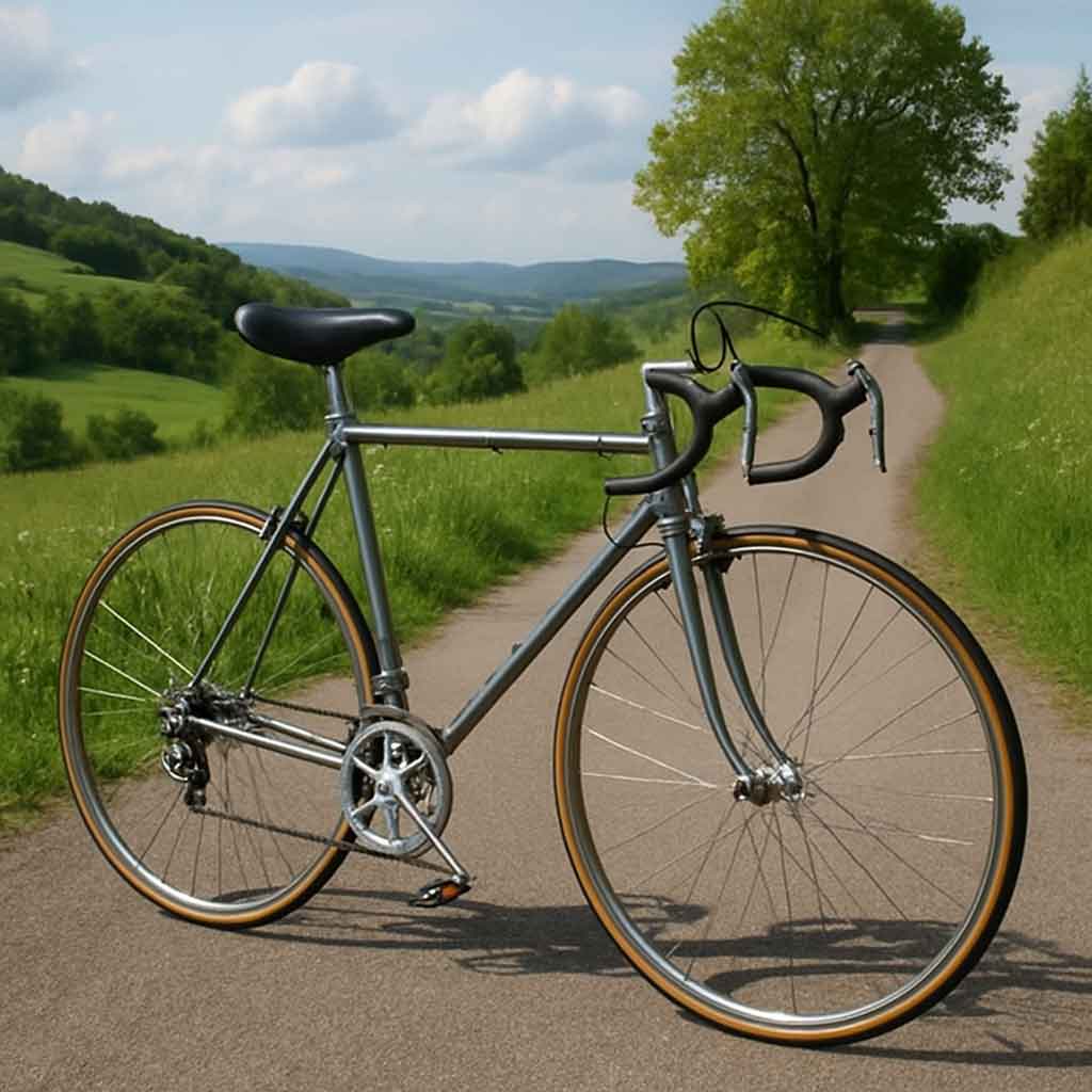 Steel road bike on a scenic path