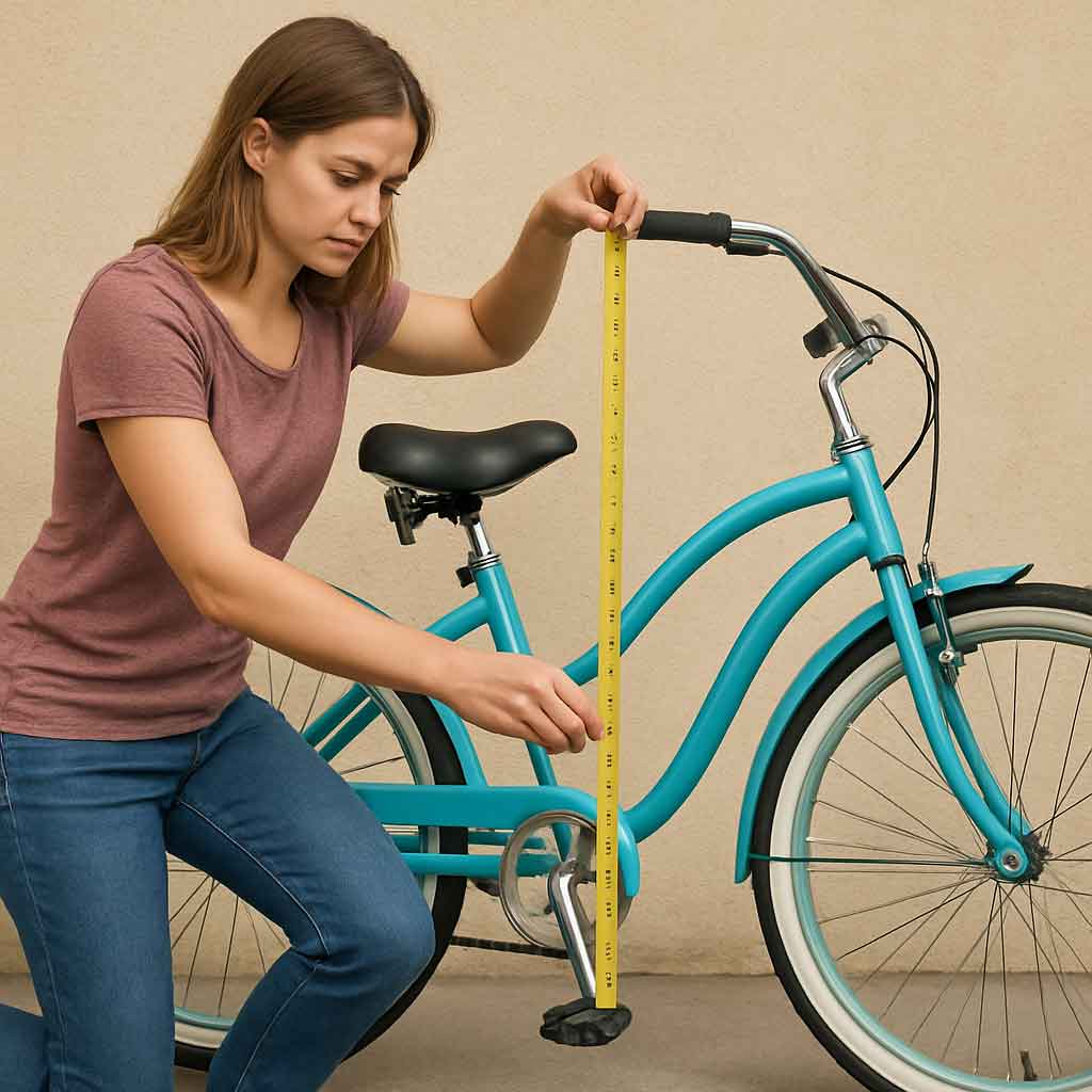 woman measuring the size of a cruiser bike