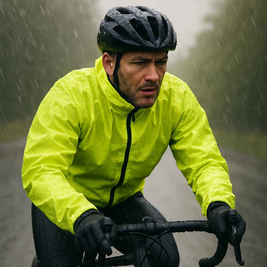Cyclist wearing a high visibility waterproof jacket