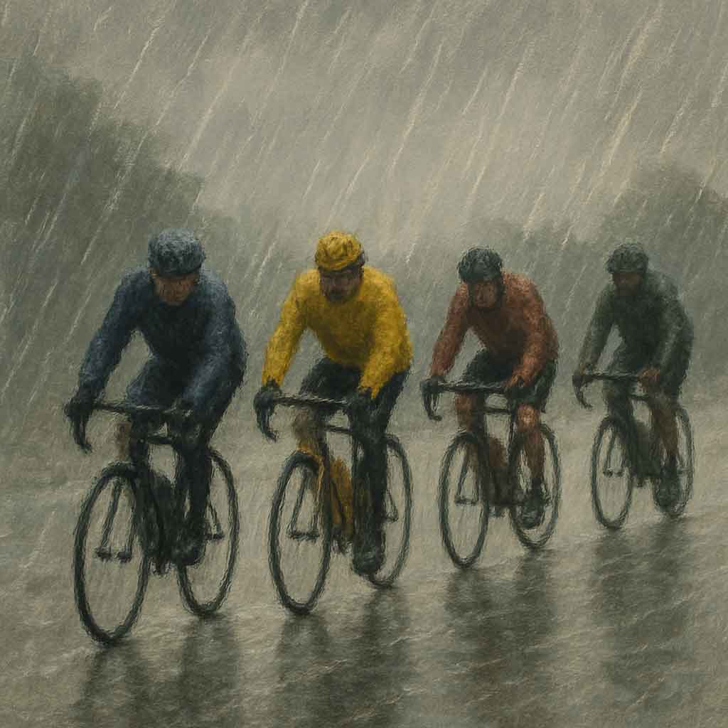Cyclists riding in the rain