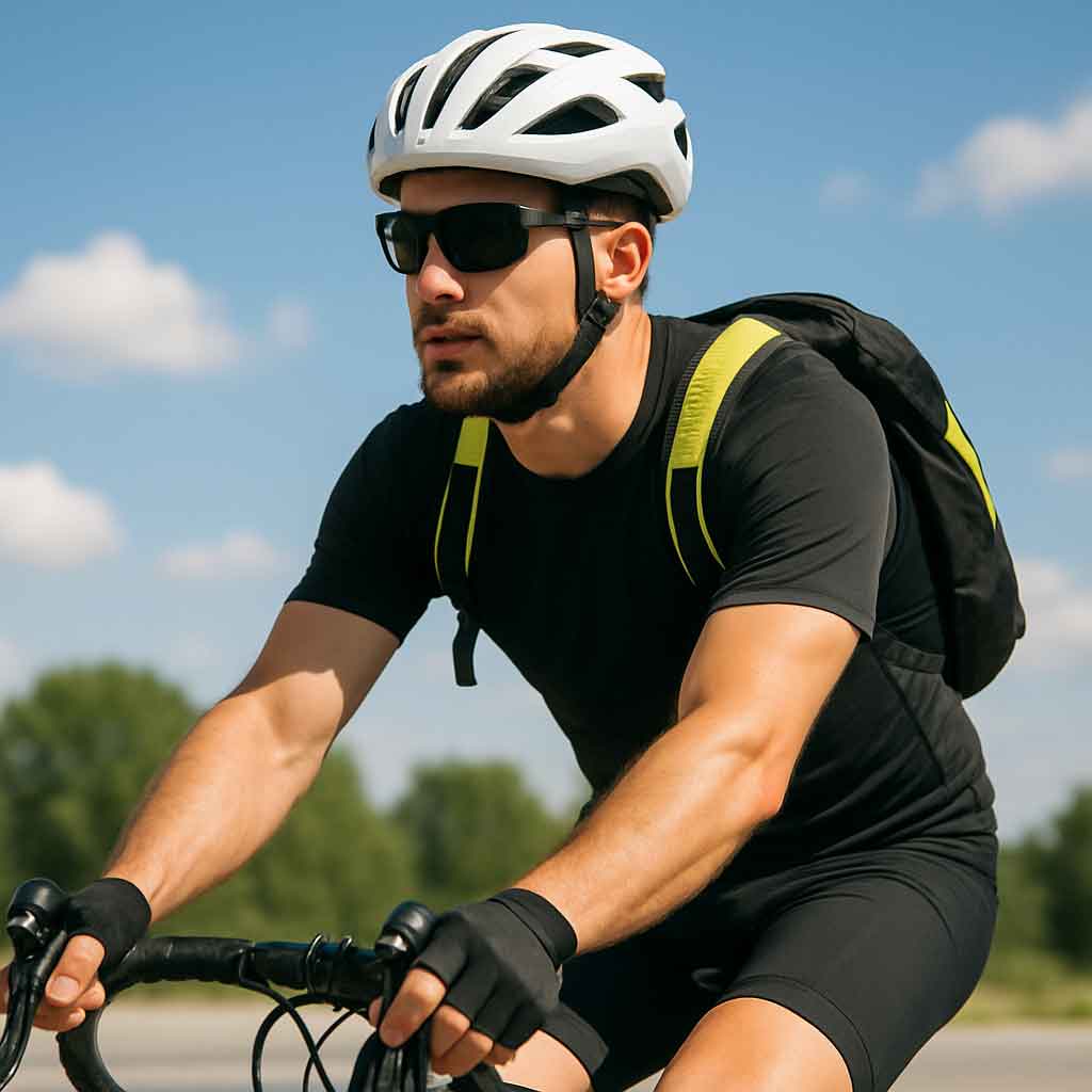 Cyclist wearing essential gear on a sunny day