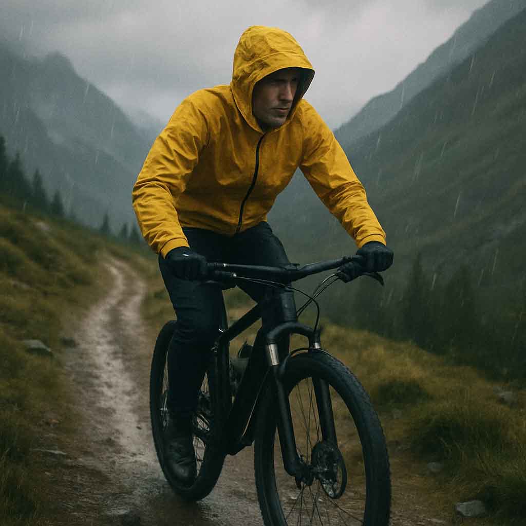Cyclist in rain jacket on a mountain trail