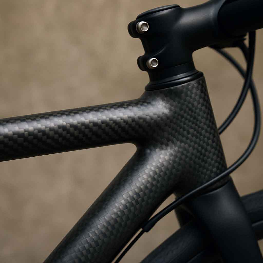 Close-up of a carbon fiber bike frame