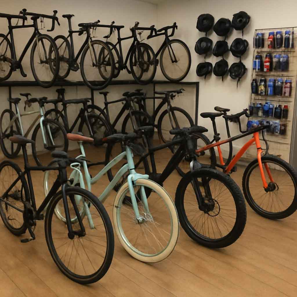 Various types of bikes displayed in a shop