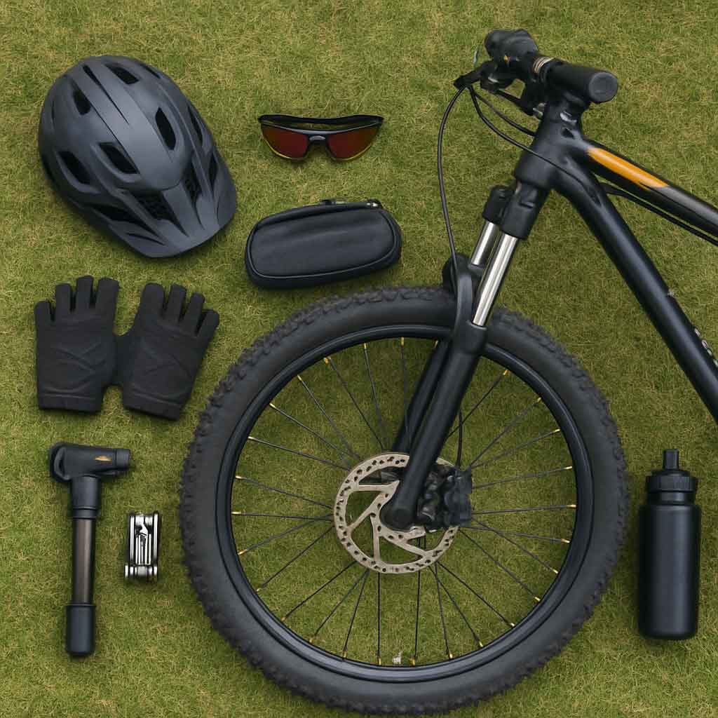 Mountain bike accessories laid out on grass