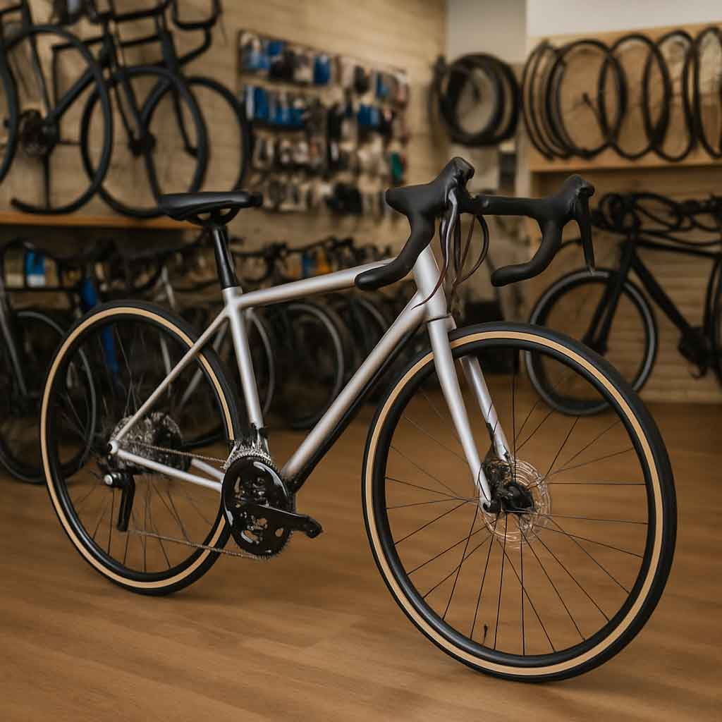 Road bike displayed in a cycle shop