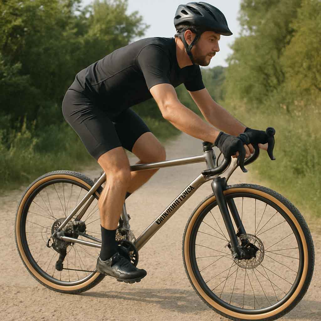 Gravel trail with a cyclist riding a Titanrahmen bike