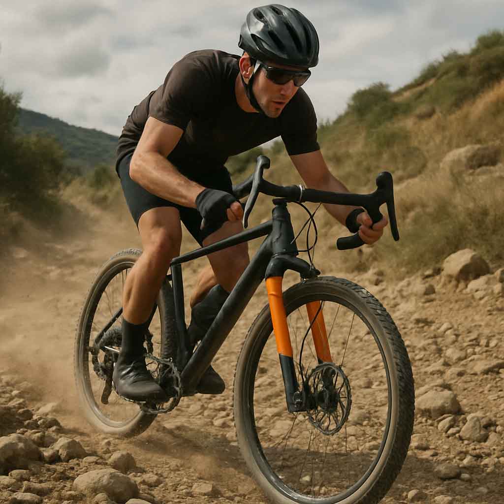 Rider navigating rough terrain with gravel suspension fork